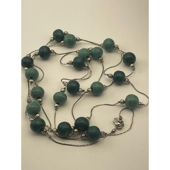 Vintage Green Beaded Silver Tone Bead Chain Necklace B8 - Picture 9 of 9